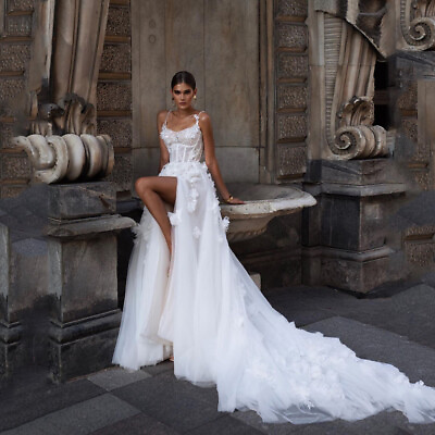 #ad Princess Wedding Dresses 3D Flower Appliques Gowns High Slit Brides Dresses $147.58