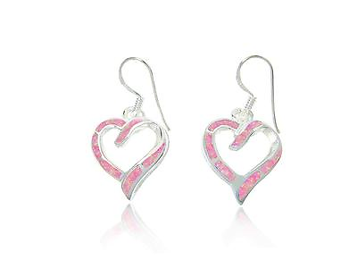#ad 925 Sterling Silver Pink Fire Inlay Opal Love Heart Dangle Lovely Earrings Set $30.95