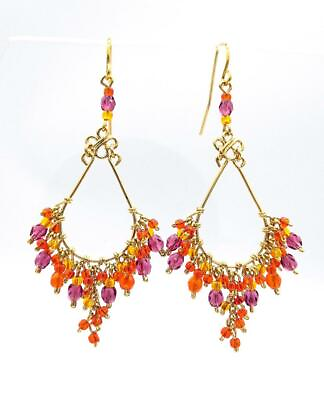 GORGEOUS Artisanal Orange Purple Topaz Multi Crystals Gold Chandelier Earrings $21.59