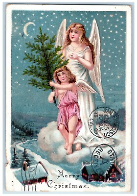 #ad 1905 Christmas Angels Pine Tree Crescent Stars Embossed Winter Antique Postcard $12.48