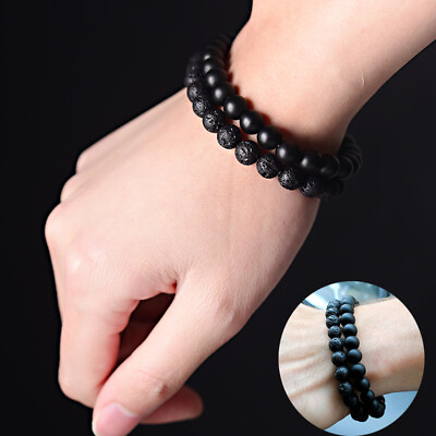 #ad Men Women 8MM Black Onyx Lava Stone Yoga Mala Beaded Charm Chain Wrist Bracelets $8.59