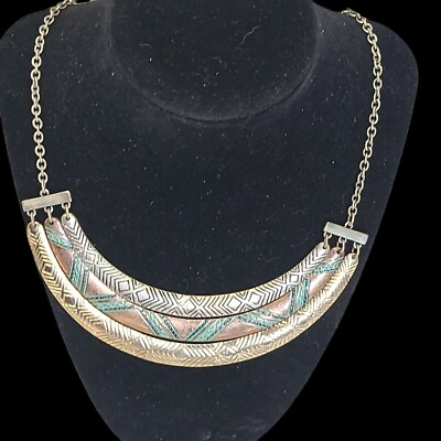 #ad Southwestern Style Etched Turquoise Gold Copper Silver Tones Collar Necklace 16quot; $7.20