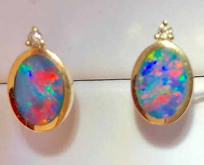 #ad GLORIOUS Diamond tipped Australian Opal 14k gold Ladies Post Stud Earrings VIDEO $499.00