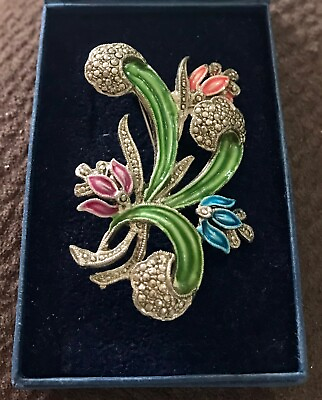#ad HOLLYWOOD SIGNED STUNNING ENAMELLED VINTAGE FLOWER BROOCH WITH MARCASITE AU $79.90