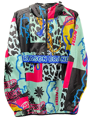 #ad Reason Brand Windbreaker Jacket Multicolor Smiley Face Animal All Over Medium $26.99