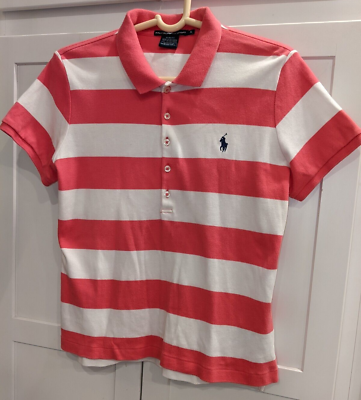 #ad Ralph Lauren Sport Girls Size XL Slim Fit Youth Pink White Stripe Polo Shirt $19.99