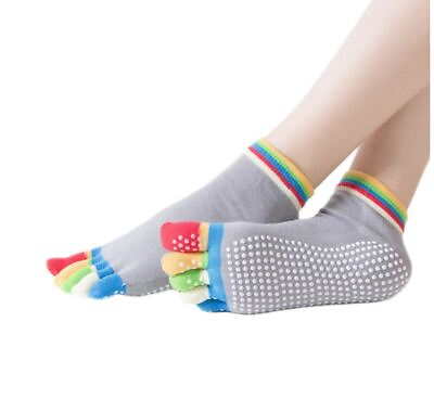 #ad Yoga Pilates Grip Socks Small Medium Gray with Multi Color Toes $18.95