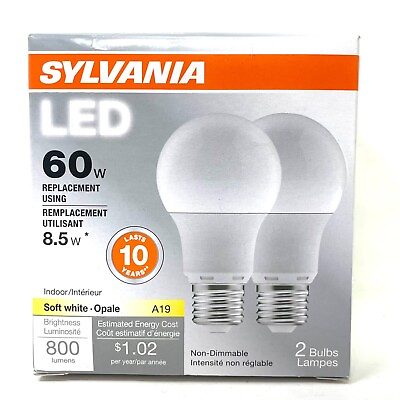 #ad Sylvania 2 PACK LED A19 60W Using 8.5W Soft White Indoor 120v E26 Light Bulbs $7.99