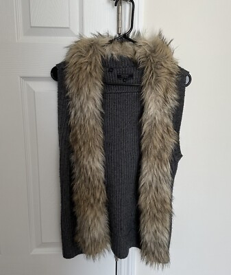 #ad Guess Faux Fur Trim Vest Women’s XL Single Toggle Ribbed Sleeveless Wool Blend $30.00