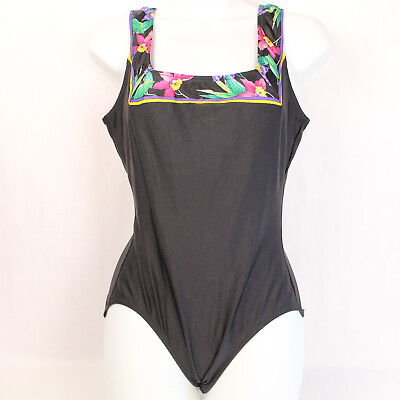 #ad Vintage Gottex Black and Floral Retro One Piece Swimsuit Women#x27;s Size 12 Nylon $17.49