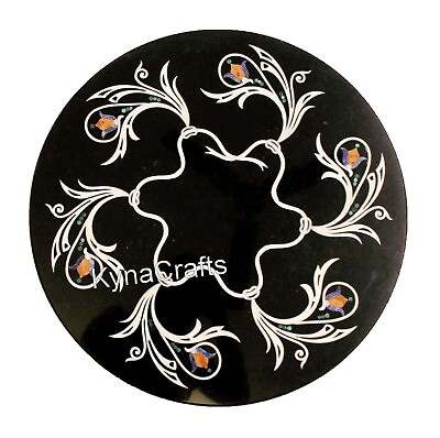 #ad 14 Inches Black Marble Coffee Table Top Marquetry Art End Table with Luxury Look $262.80