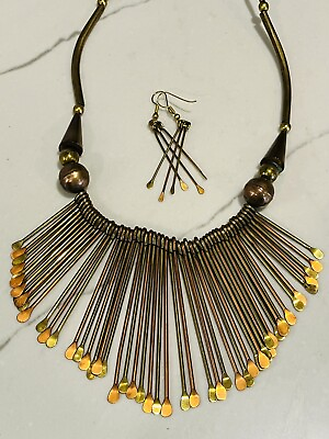 #ad Vintage Copper and Brass Fringe Statement Necklace Earrings Set Boho MCM $40.00
