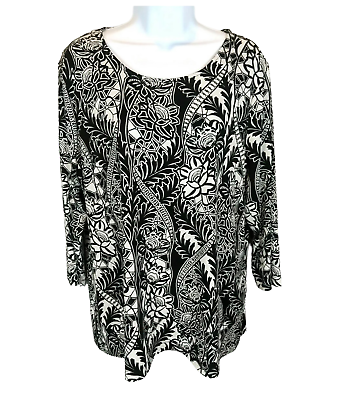 #ad Chico#x27;s Easywear Top Pull over 3 4 Sleeve Black Floral Chico#x27;s 2 US L $17.94
