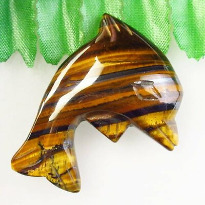#ad SK60369 Carved Natural Yellow Tiger Eye Gem Dolphin Figurine 43x36x10mm $10.13