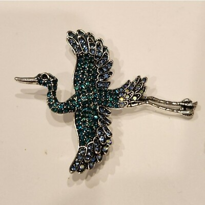 #ad Teal Rhinestone Crane in Flight Bird Pin Brooch $26.00