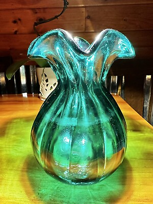 #ad Vintage Ruffled Tissue Art Glass Green Hand Blown Heavy Vase Twist Swirl Ribbed $20.00