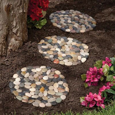 #ad Set of 3 Round River Stone Outdoor Garden Stepping Stones $44.99
