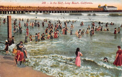 #ad 208 In the Surf Long Beach California Pier Bathers $7.99