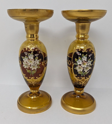 #ad Antique Venetian Hand Blown Crystal 18K Gold Candle Holders Hand Painted $110.49