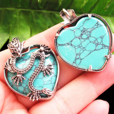 #ad 2Pcs 42x32x9mm Dragon Wrapped Blue Turquoise Heart Pendant Bead FH01851 $15.76