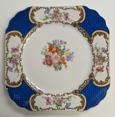 #ad Gold Castle 1940#x27;s Japanese Blue Trim Floral in Gold Scrolls Square Salad Plate $14.99