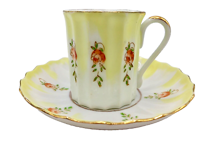 #ad Antique Japanese Floral Porcelain Hand Painted Demitasse Cup Saucer Yellow Pink $21.21