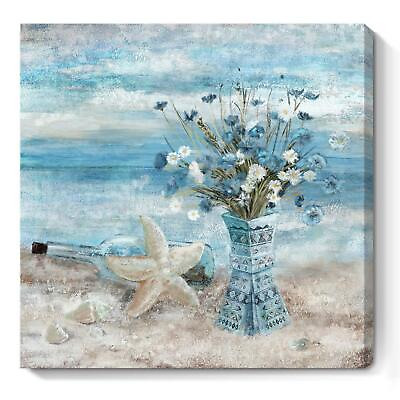 #ad Bathroom Decor Wall Art Blue Beach Picture Ocean Theme Flower Canvas Print Mo... $27.02