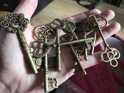 #ad 9pcs Keys BIG Large Antique Vintage old Brass Skeleton Lot for DIY Making Lock $8.36