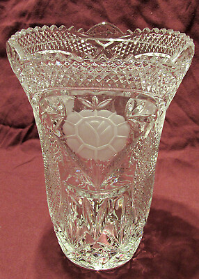 #ad Crystal Floral Vase Heavy 5.3 lbs 9.5quot; Tall. Brilliant Clear 3 Frosted Flowers $60.00