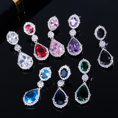 #ad Women Fashion CZ Dangle Drop Earrings Silver Plated Cubic Zircon Wedding Jewelry $7.89