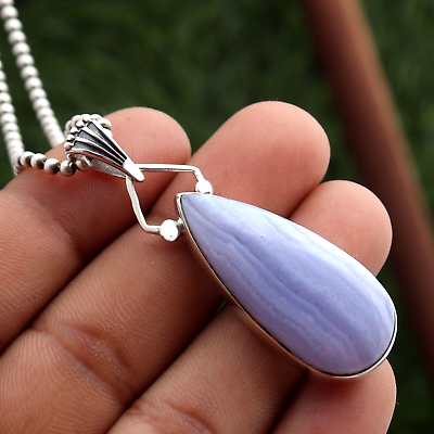 #ad Natural Pear Shaped Blue Lace Agate Sterling Silver Pendant Women Jewelry $33.29