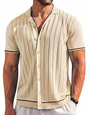 #ad Men#x27;s Knit Polo Shirt Vintage Beach Casual Button Down Beige Breathable $36.71