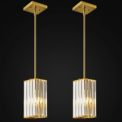 #ad Modern Pendant Light Gold Rectangle Lighting Mini Crystal Chandeliers TWO PACK $69.99