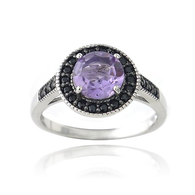 #ad 925 Silver 2ct Amethyst amp; Black Spinel Round Ring $27.99