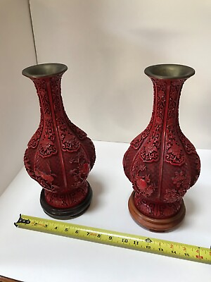 #ad pair of Chinese carved cinnabar not confirmed lacquer vases w wooden bases $300.00