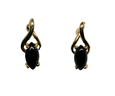 #ad Elegant 80s Post Earrings Black Bead Teardrop Twisted Gold Tone Metal 1980 Style $19.97