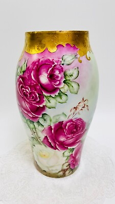 #ad Antique Limoges Tamp;V Hand Painted Deep Red Rose Vase 12 1 2quot; high Gold Gilt $580.00