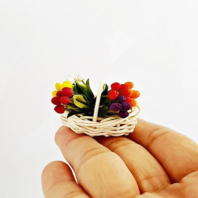 #ad Realistic Miniature Tulip Basket Clay Flower Handcrafted Dollhouse Decoration $29.59