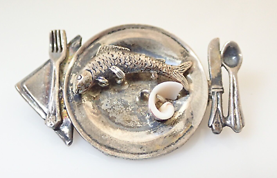 #ad Vintage GF MW Great Falls Metal Works Fish Plate Supper Sterling Brooch Pin $85.00