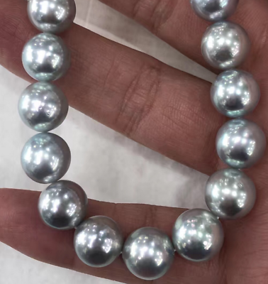 #ad huge 18“11 12mm natural south sea genuine silver grey round pearl necklace $387.40