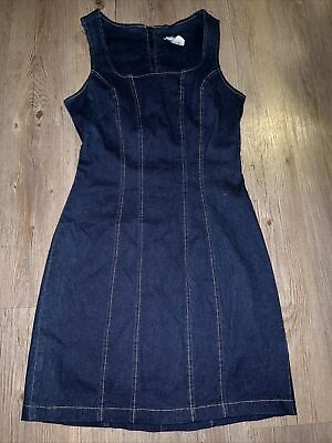 #ad Aqua Blues Vintage DreSs Blue Jean Denim Stretch Sleeveless ‘70s Vibe Small 13 $39.95