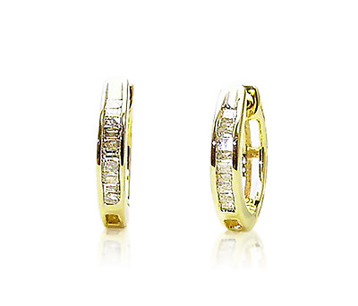 #ad 10K Yellow Gold Baguette Diamond Hoop Earrings 13mm Round Hoops .15ct $193.08
