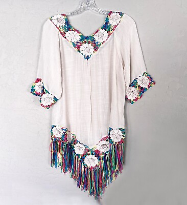 #ad Swim Beach Coverup No Label Fringe and Embroidered Flowers Casual Fun $16.99