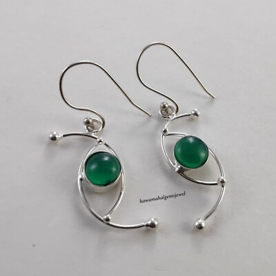 #ad 925 Sterling Green Onyx Round Handmade Solid Genuine Silver Earrings $13.20