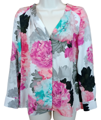 #ad Floral Print Hidden Button Front Blouse LS V Neckline WORTHINGTON Petite PS $8.60