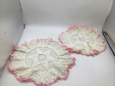 #ad Handmade Vintage Floral White With Pink Trim 13” Doilies Set Of 2 $12.99