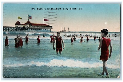 #ad 1920 View Of Bathers In The Surf Long Beach California CA Antique Postcard $29.95