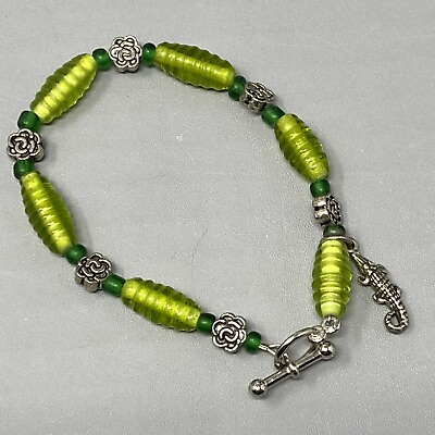 #ad Bracelet Charm Sterling Silver Alligator Green Ribbed Glass Bead Flower Spacer $15.99