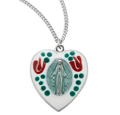 #ad Petite Sterling Silver Heart Shaped Miraculous Medal Pendant with Enamel 3 5 In $63.88