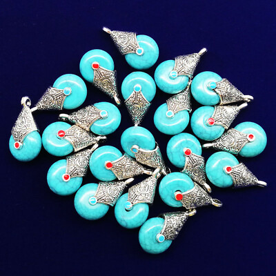#ad 12Pcs Carved Tibetan silver Wrapped Blue Turquoise Teardrop Pendant Bead YJ1197 $11.61